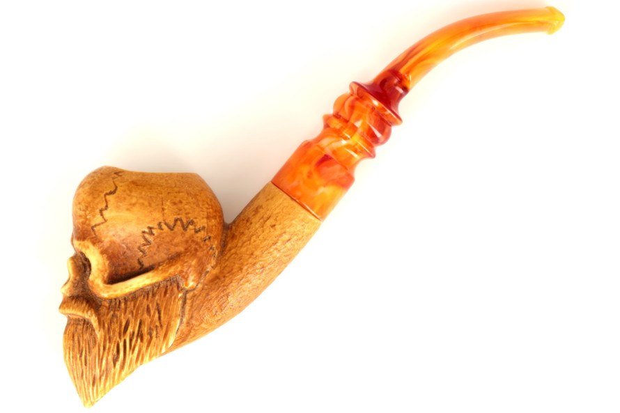 Sculpted meerschaum pipe with bearded skull head